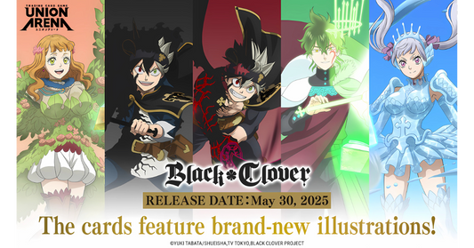 A vibrant Union Arena: Black Clover promotional banner featuring heroes like Asta (left) and Yuno alongside other Magic Knights, with the Black Clover logo and the release date.