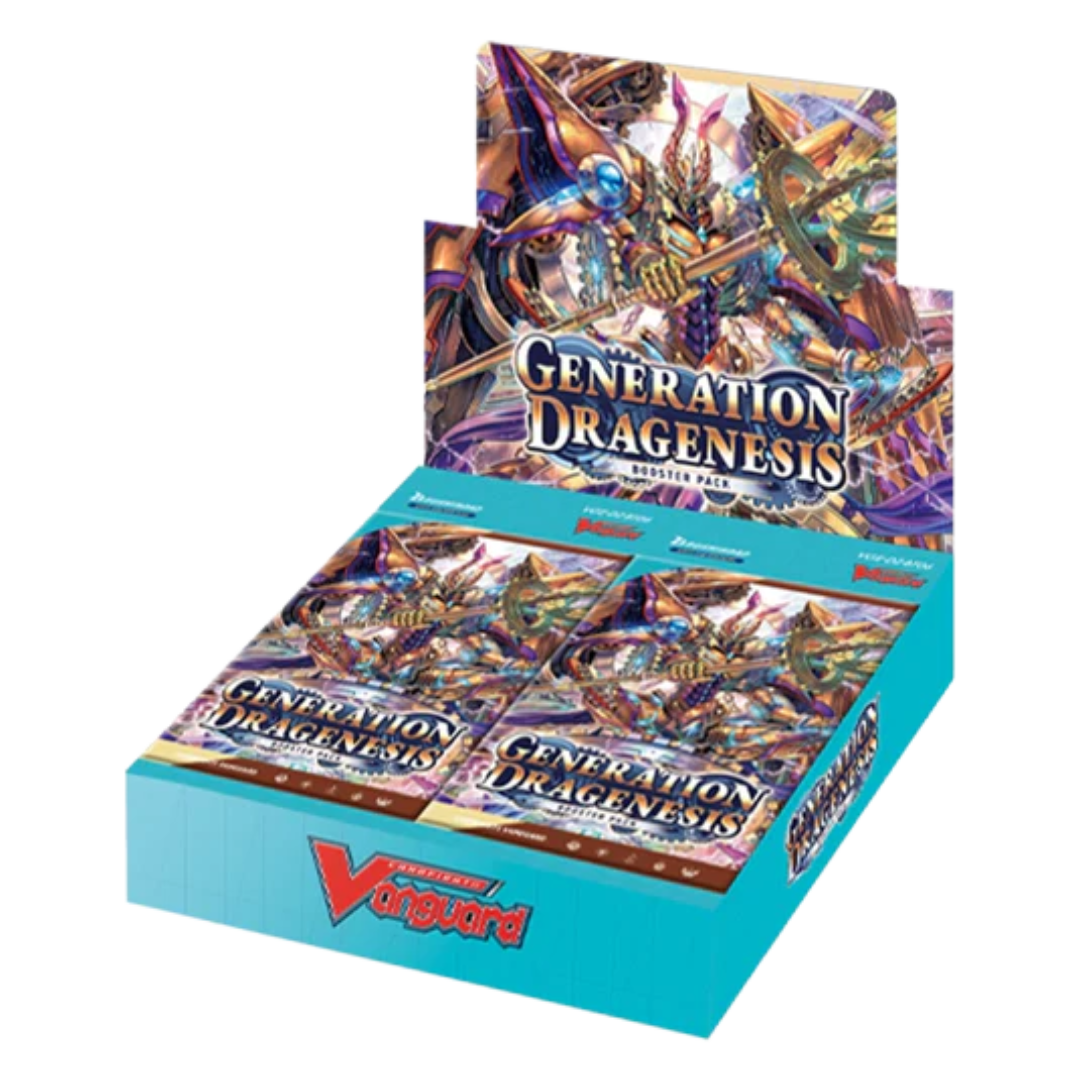 Cardfight!! Vanguard BT06 Generation Dragenesis Booster Box display. Features vibrant fantasy artwork with armored dragon warriors. Includes 16 packs per box, each with 7 random cards, guaranteeing 2 foil cards per pack. Factory-sealed for collectors and players.