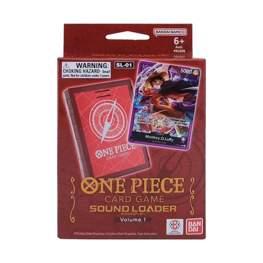 One Piece Card Game Sound Loader Volume 1 by BANDAI, featuring Monkey D. Luffy collectible card, red loader device, and "We Are" theme song activation.