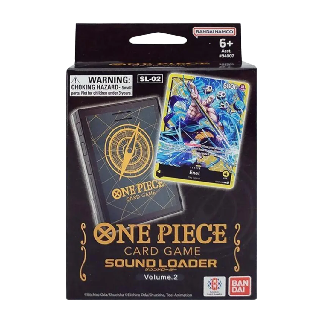 One Piece Card Game Sound Loader Volume 2 box featuring Enel exclusive card, black packaging, with built-in sound effects and background music for gameplay.