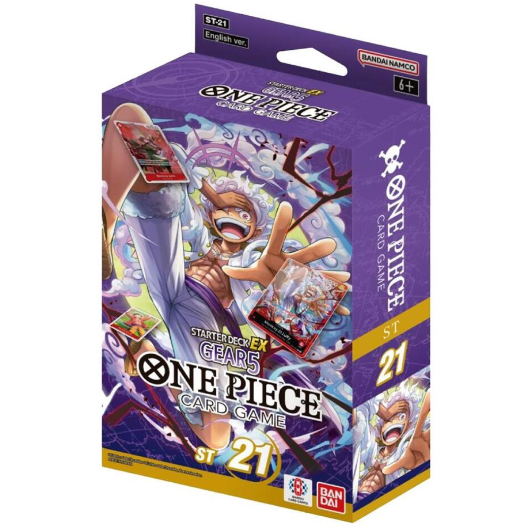 One Piece Starter Deck EX GEAR 5 ST21 featuring GEAR5 Monkey D. Luffy, includes deck, sleeves, and bonus cards for collectors and players.