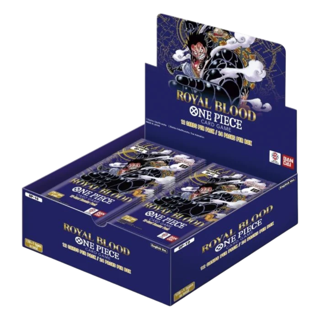 Image of the One Piece Card Game “Royal Blood” OP-10 booster box (English edition), a sealed box featuring 24 booster packs with characters from the Punk Hazard and Dressrosa arcs.
