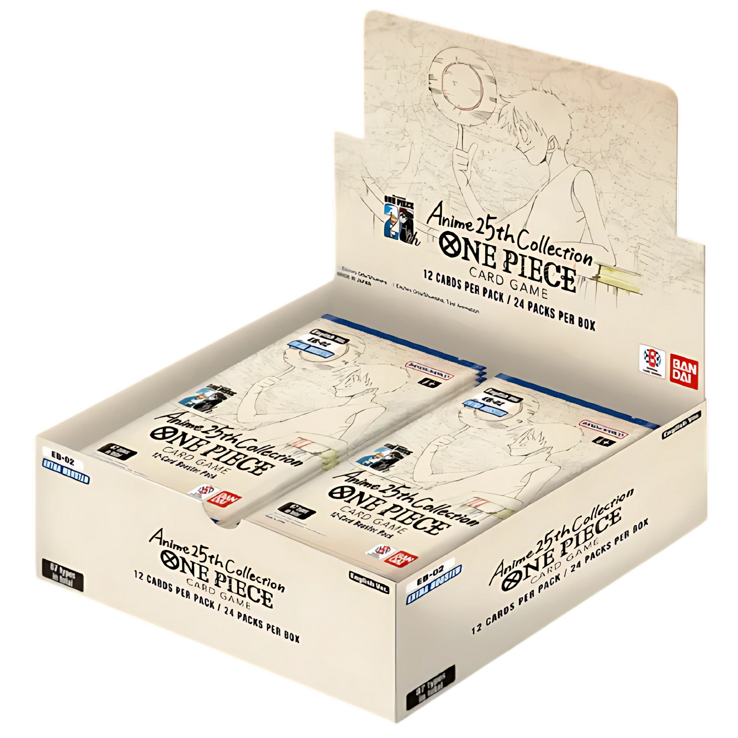 Sealed One Piece Card Game “Anime 25th Collection” Extra Booster Box showcasing 24 booster packs in official Bandai 25th anniversary packaging.