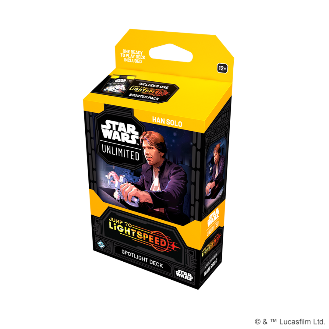 Star Wars Unlimited: Jump to Lightspeed Han Solo Spotlight Deck in black and yellow packaging. Features Han Solo artwork, piloting the Millennium Falcon. Includes one ready-to-play 50-card deck and one Jump to Lightspeed booster pack. The Star Wars Unlimited logo is displayed at the top, with the Fantasy Flight Games logo confirming authenticity.