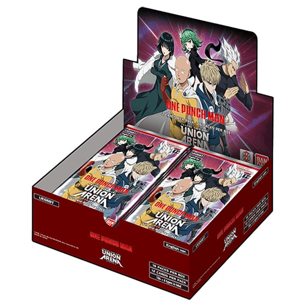 A sealed Union Arena: One Punch Man Booster Box. The packaging features One Punch Man anime artwork (Saitama and other characters) and contains 16 booster packs for the Union Arena trading card game.