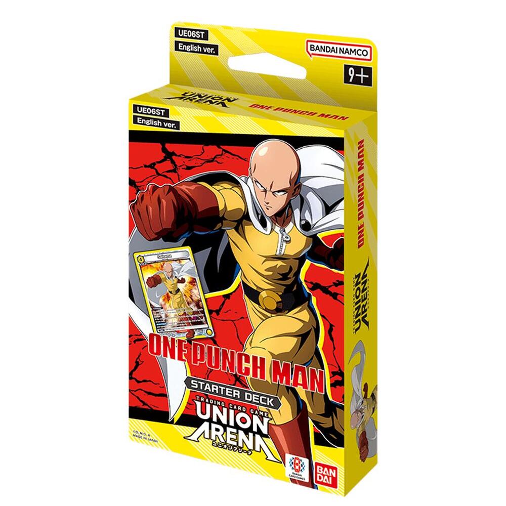 Union Arena One Punch Man trading card game starter deck box featuring bold artwork of Saitama in his iconic yellow superhero suit, dynamic red background, and prominently displayed collectible character card, English version by Bandai Namco for ages 9+.