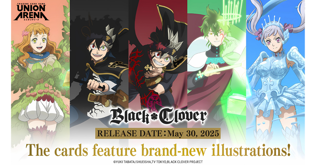 A vibrant Union Arena: Black Clover promotional banner featuring heroes like Asta (left) and Yuno alongside other Magic Knights, with the Black Clover logo and the release date.