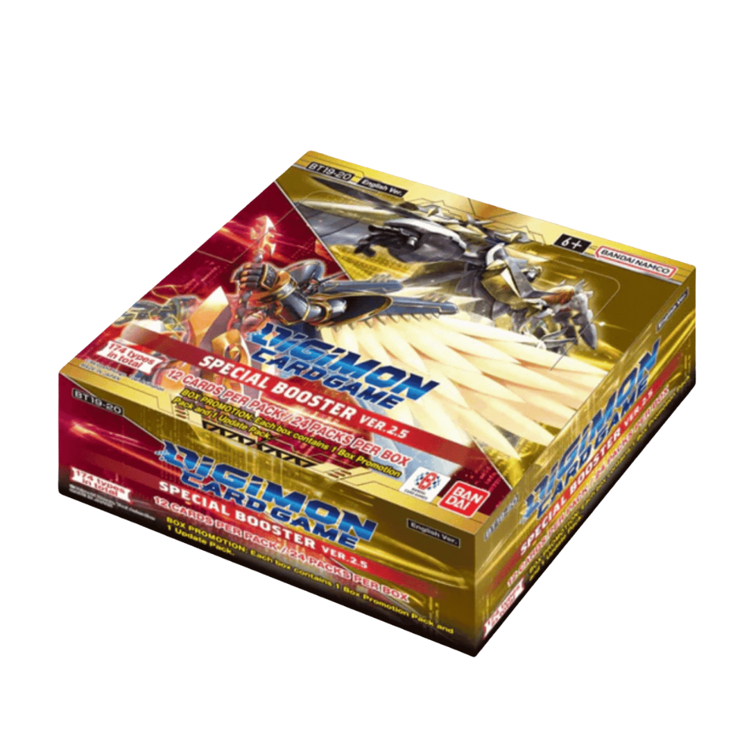 Sealed display box of Digimon Card Game Special Booster Ver. 2.5 [BT19-20], featuring 24 booster packs and dynamic Digimon Tamers/Xros Wars cover art.