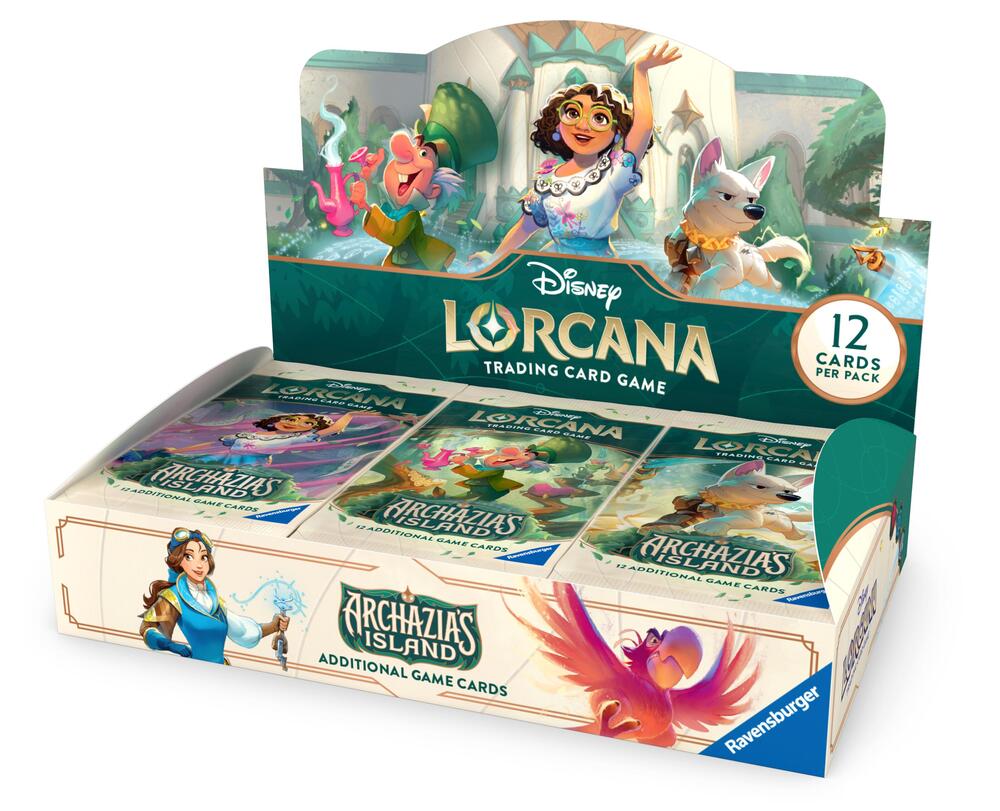 Disney Lorcana Trading Card Game retail display box for Archazia's Island expansion packs, featuring vibrant illustrations of Disney characters including Mirabel from Encanto, Hei Hei from Moana, and lively animal friends in a colorful island setting.