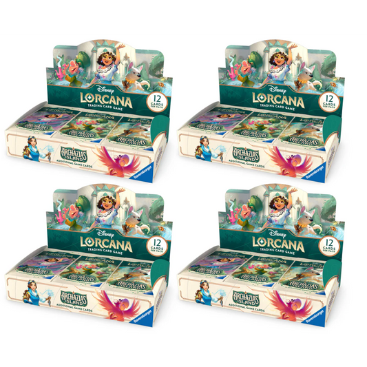 Disney Lorcana: Archazia’s Island Booster Box Case containing four booster display boxes, each featuring 12-card booster packs. The packaging showcases vibrant artwork of Snow White, woodland creatures, and magical elements from the Archazia’s Island expansion. The Disney Lorcana logo is prominently displayed, and the Ravensburger logo confirms authenticity. Designed for collectors and players looking to expand their Disney Lorcana Trading Card Game collection.