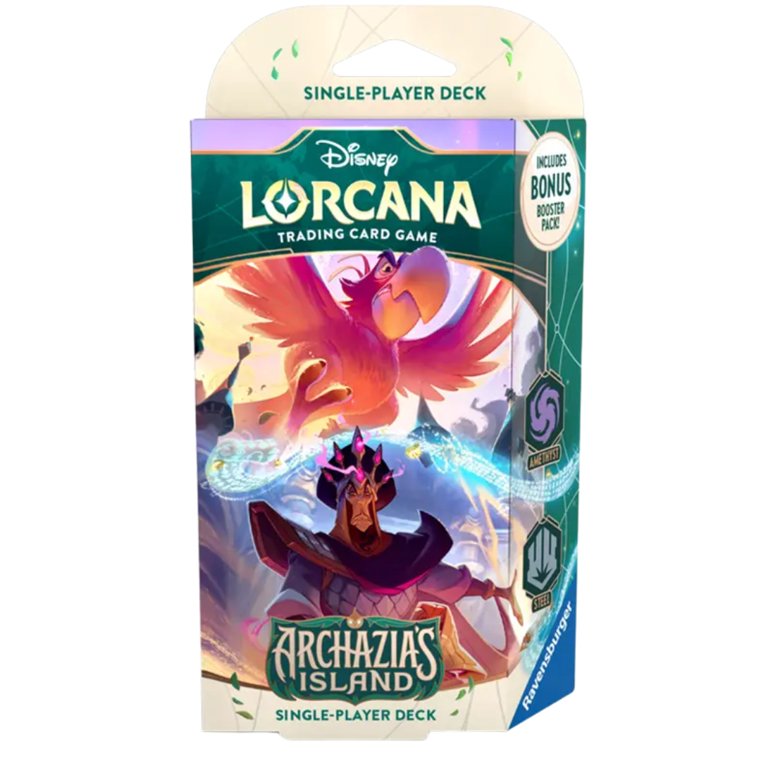 isney Lorcana: Archazia’s Island Single-Player Deck (Amethyst & Steel) featuring Jafar and Iago on the packaging. Includes a ready-to-play 60-card deck and a bonus booster pack. The Disney Lorcana logo is displayed at the top, with the Ravensburger logo confirming authenticity. Designed for players looking to start or expand their Disney Lorcana Trading Card Game collection. 