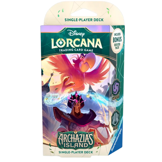 isney Lorcana: Archazia’s Island Single-Player Deck (Amethyst & Steel) featuring Jafar and Iago on the packaging. Includes a ready-to-play 60-card deck and a bonus booster pack. The Disney Lorcana logo is displayed at the top, with the Ravensburger logo confirming authenticity. Designed for players looking to start or expand their Disney Lorcana Trading Card Game collection. 