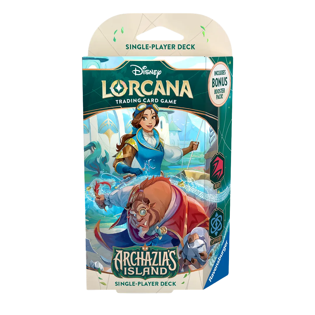 Disney Lorcana Archazia’s Island Ruby & Sapphire Starter Deck packaging, featuring Belle & Beast artwork on the box.