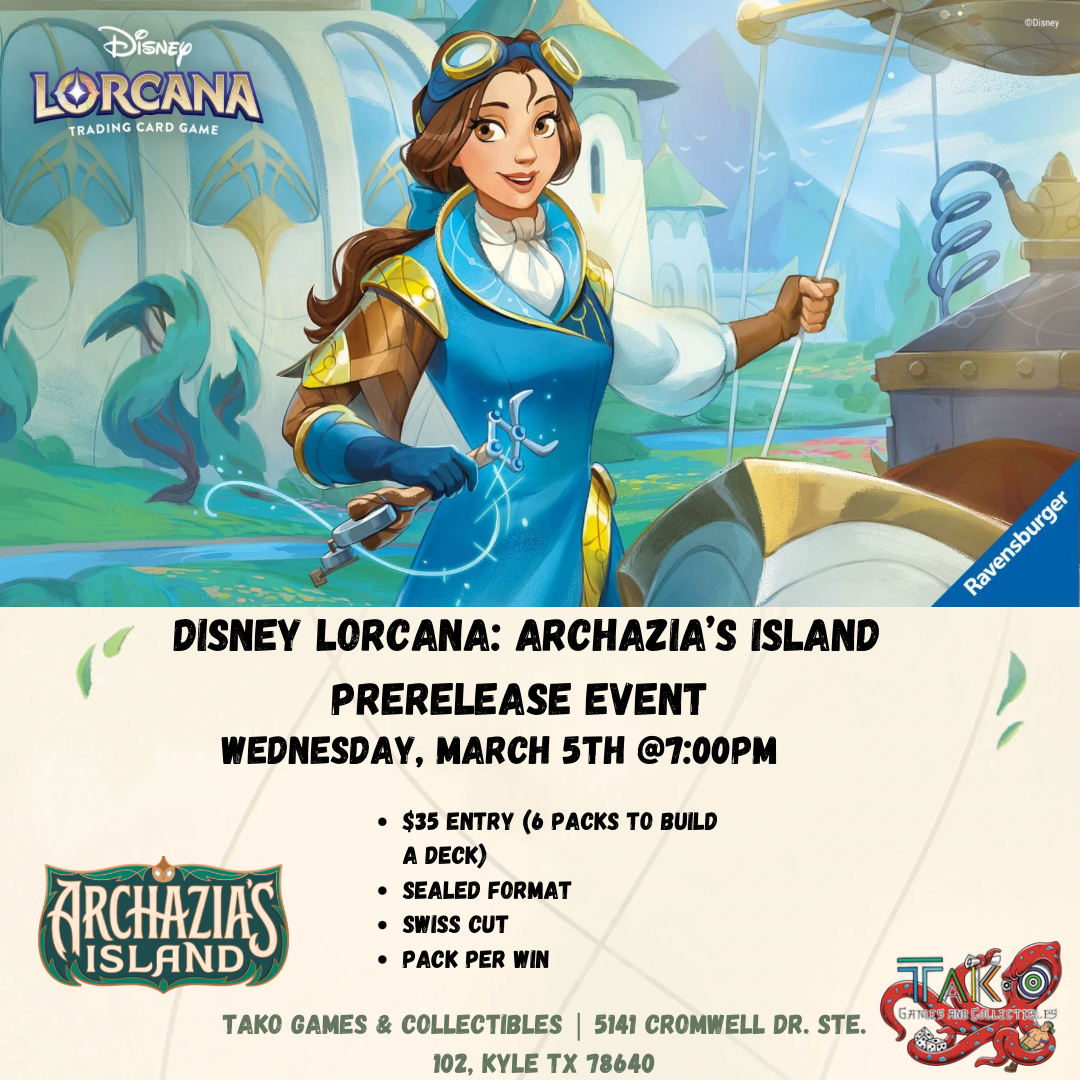 Promotional image for the Disney Lorcana: Archazia’s Island prerelease event, featuring colorful Disney Lorcana card art and the Archazia’s Island theme, inviting players to join the sealed deck tournament on March 5.​
