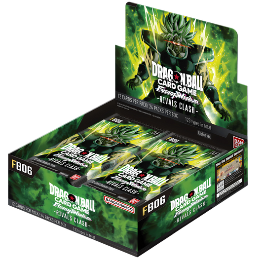 Sealed Dragon Ball Fusion World: Rivals Clash booster box from the Dragon Ball card game, featuring vibrant anime character artwork on the packaging.