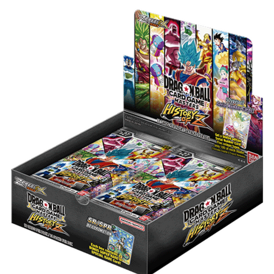 A Dragon Ball Super Card Game: History of Z Booster Box displayed open, revealing multiple booster packs inside. The box features colorful artwork of iconic Dragon Ball characters, including Goku in his Super Saiyan Blue form, Vegeta, Broly, and others. The packaging highlights special Serial-Numbered Cards, a GOD Rare, and an SR/SPR bonus card included in each box. The Bandai Namco logo is visible in the bottom right corner, confirming the product’s authenticity.