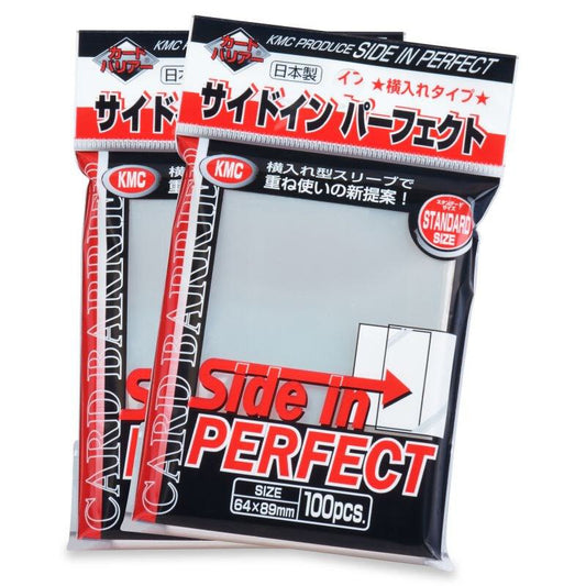 A 100-count pack of KMC Side-In Perfect Size card sleeves in clear packaging, showcasing side-loading inner sleeves designed for standard-sized trading cards like Magic: The Gathering and Pokémon, ideal for double-sleeve protection.