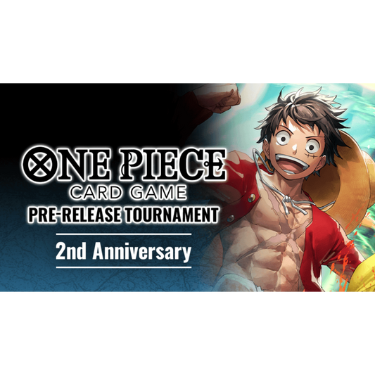 One Piece Card Game 2nd Anniversary Pre-release Tournament graphic featuring Monkey D. Luffy celebrating, with tournament details in bold text.