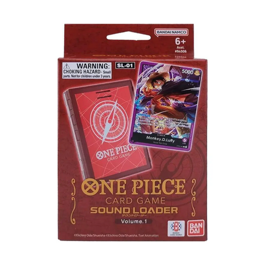 One Piece Card Game Sound Loader Volume 1 by BANDAI, featuring Monkey D. Luffy collectible card, red loader device, and "We Are" theme song activation.