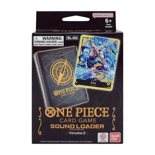 One Piece Card Game Sound Loader Volume 2 box featuring Enel exclusive card, black packaging, with built-in sound effects and background music for gameplay.