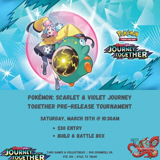 Pokémon Scarlet & Violet Journey Together pre-release tournament flyer featuring trainer and Pokémon with event details.