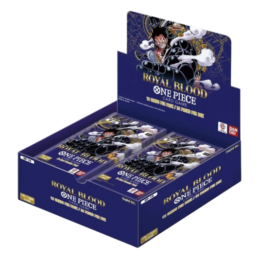 Image of the One Piece Card Game “Royal Blood” OP-10 booster box (English edition), a sealed box featuring 24 booster packs with characters from the Punk Hazard and Dressrosa arcs.