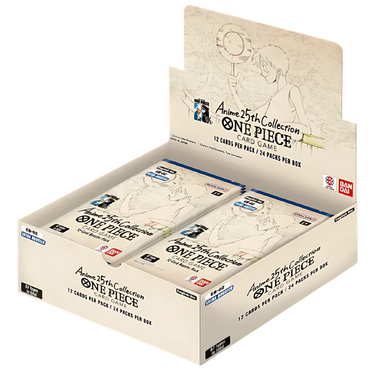 Sealed One Piece Card Game “Anime 25th Collection” Extra Booster Box showcasing 24 booster packs in official Bandai 25th anniversary packaging.