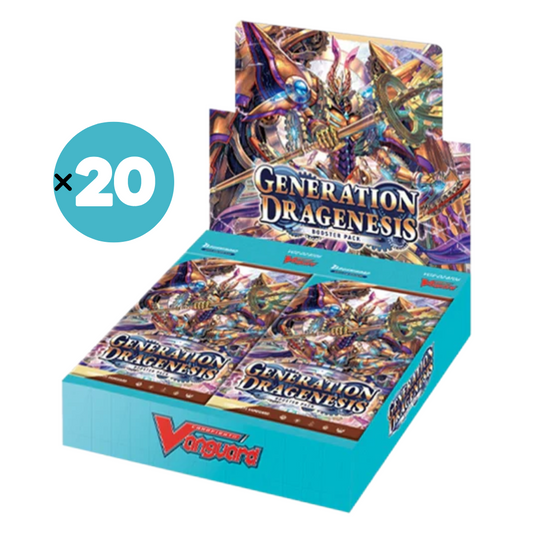 Sealed case of Cardfight!! Vanguard BT06: Generation Dragenesis booster boxes. Image shows the case packaging and booster box artwork, highlighting the set’s logo and theme for this trading card game release.