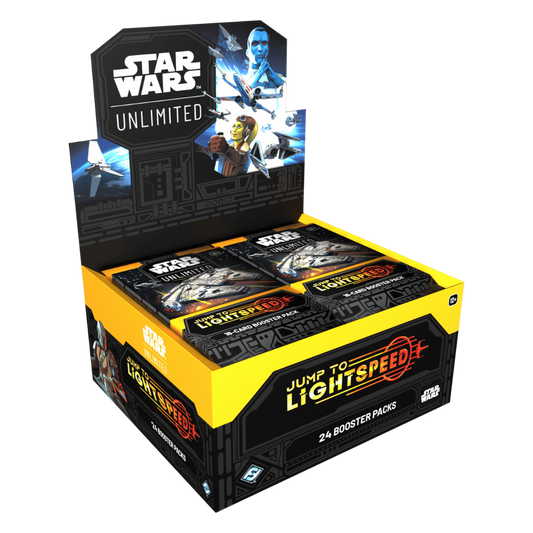 Star Wars Unlimited: Jump to Lightspeed Booster Display Box with 24 booster packs featuring the Millennium Falcon in hyperspace. The display includes artwork of Grand Admiral Thrawn, Hera Syndulla, and starfighters, with a black and yellow design. The Star Wars Unlimited logo is prominently displayed, and the Fantasy Flight Games logo confirms authenticity.