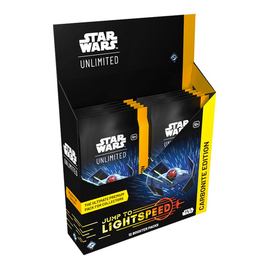 A Star Wars Unlimited: Jump to Lightspeed Carbonite Edition Booster Display Box opened to reveal multiple booster packs inside. The packaging features a sleek black and yellow design with a TIE Fighter soaring through hyperspace on the front. The box prominently displays the Star Wars Unlimited logo and the words "The Ultimate Premium Pack for Collectors", emphasizing its exclusivity. The Carbonite Edition label is visible on the side, and the Fantasy Flight Games logo appears in the corner, confirming auth