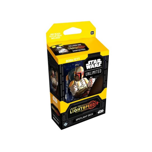 Star Wars Unlimited: Jump to Lightspeed Boba Fett Spotlight Deck in black and yellow packaging. Features Boba Fett artwork on the front, holding his blaster. Includes one ready-to-play 50-card deck and one Jump to Lightspeed booster pack. The Star Wars Unlimited logo is displayed at the top, with the Fantasy Flight Games logo confirming authenticity.