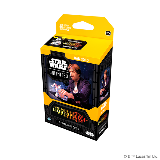 Star Wars Unlimited: Jump to Lightspeed Han Solo Spotlight Deck in black and yellow packaging. Features Han Solo artwork, piloting the Millennium Falcon. Includes one ready-to-play 50-card deck and one Jump to Lightspeed booster pack. The Star Wars Unlimited logo is displayed at the top, with the Fantasy Flight Games logo confirming authenticity.