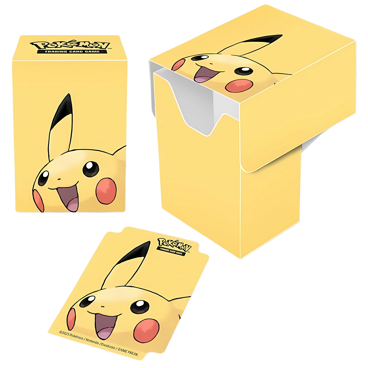Ultra Pro Pikachu Pokémon deck box (Full-View series) in yellow with Pikachu’s face design, shown with a matching Pikachu card divider.