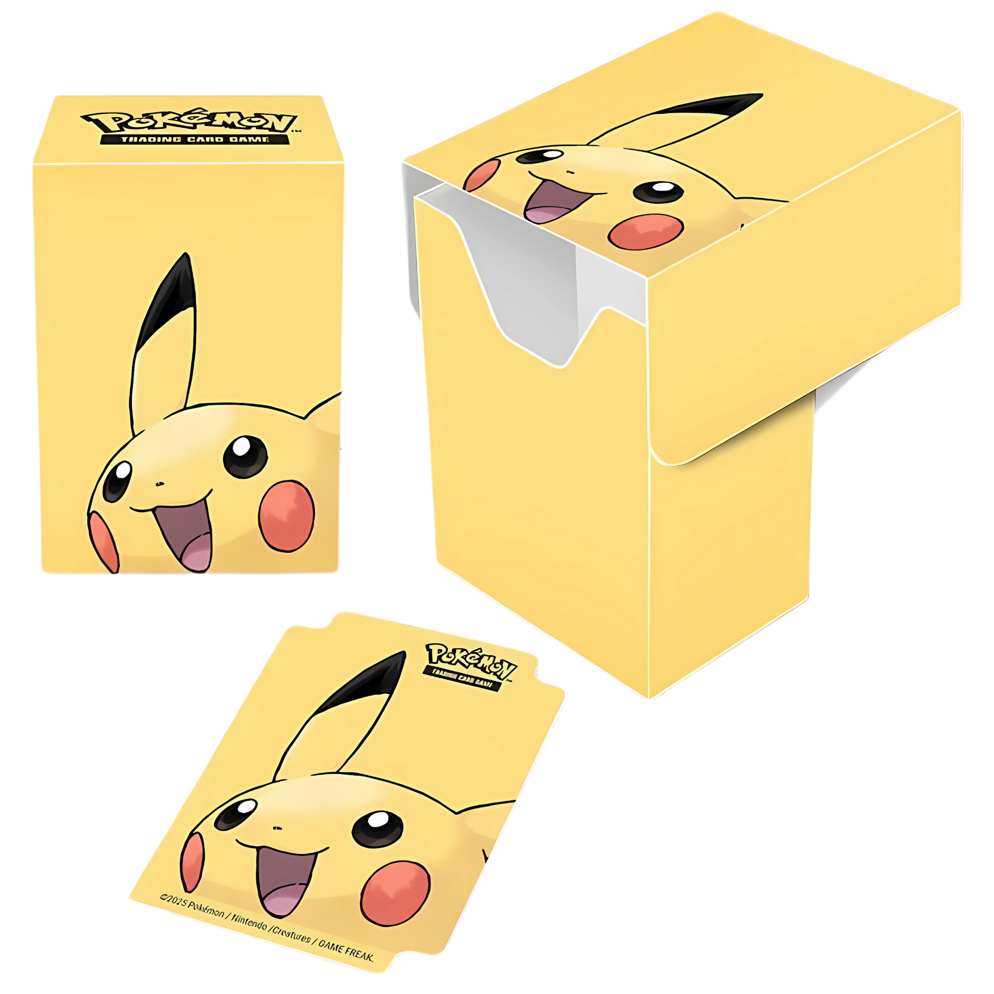 Ultra Pro Pikachu Pokémon deck box (Full-View series) in yellow with Pikachu’s face design, shown with a matching Pikachu card divider.