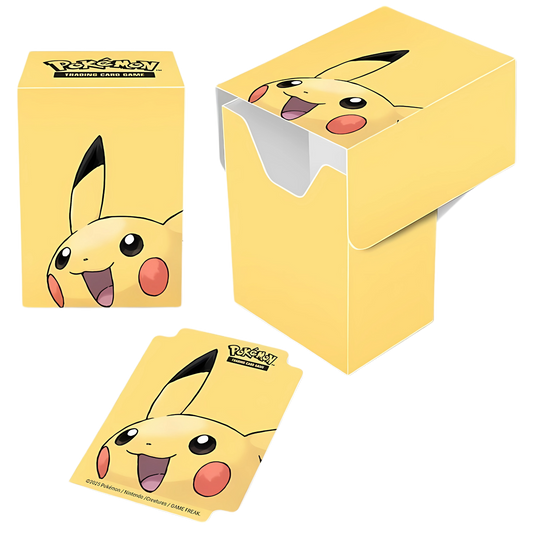 Ultra Pro Pikachu Pokémon deck box (Full-View series) in yellow with Pikachu’s face design, shown with a matching Pikachu card divider.