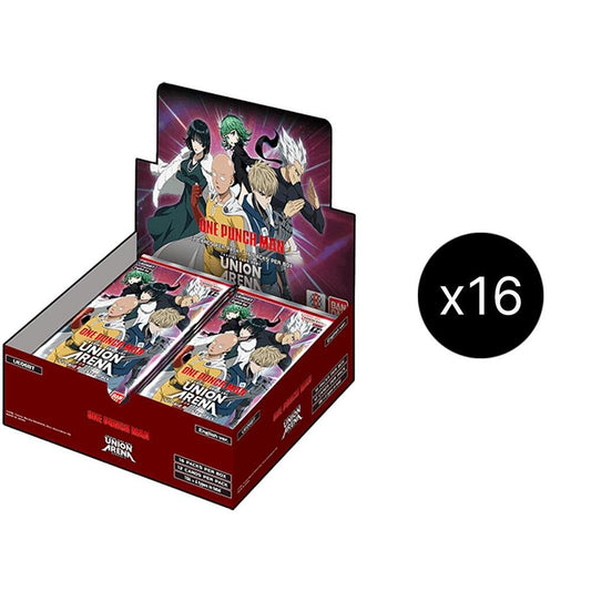Union Arena One Punch Man Booster Box Sealed Case product image – a display of One Punch Man TCG booster boxes (16 per case) featuring Saitama, Genos, Tatsumaki, and other characters on the packaging, factory sealed for collectors.
