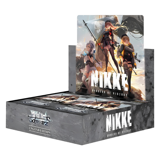 An English Edition Weiss Schwarz: Goddess of Victory NIKKE booster display box, featuring vibrant Nikke character art on the packaging.