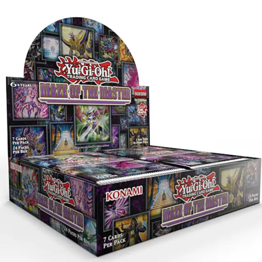 Yu-Gi-Oh! Maze of the Master Booster Box, 1st Edition – sealed TCG booster box featuring 24 packs with anime-themed artwork (Odion’s Egyptian temple motif).